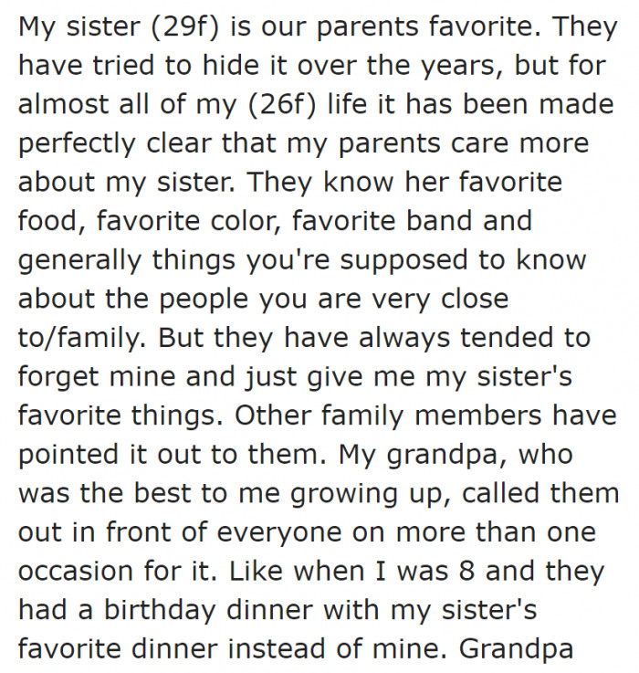 It's clear that her parents favored her sister over her. This was something that her OP's grandpa noticed.