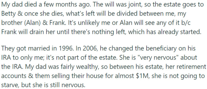 Father's death leaves uncertain inheritance for Redditor and her brother due to stepmother's financial instability