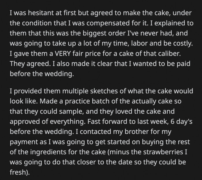 She tried again the day before the wedding. The happy couple was unhappy and yelled at OP for charging them when it wasn't the case for everyone else.