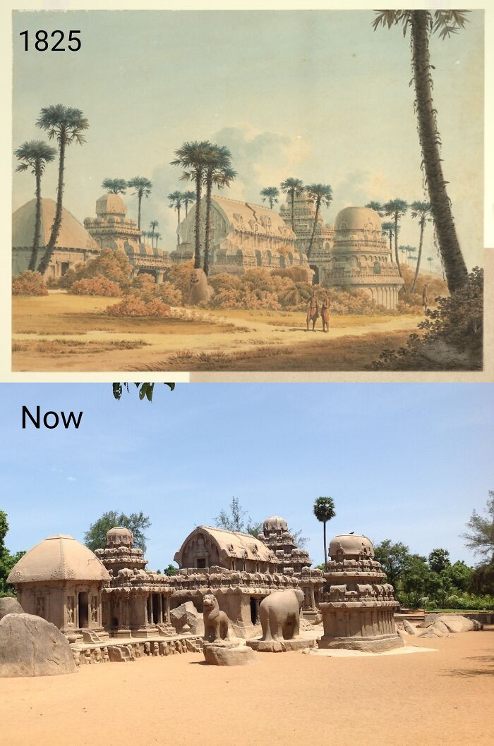 29. Panch Ratha Monument in Mahabalipuram, India: 1825 vs. Now