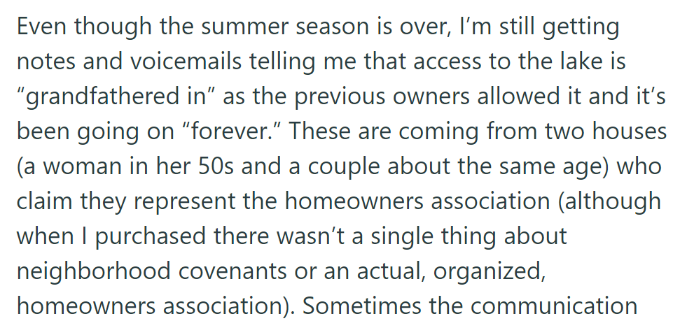 OP is still receiving messages about grandfathered lake access from neighbors claiming a nonexistent homeowners association.