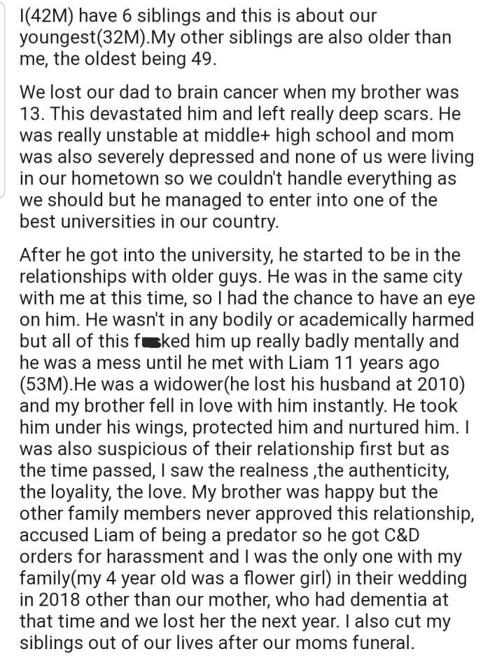 OP's youngest brother found peace in the arms of his lover. But the other siblings never approved of this relationship