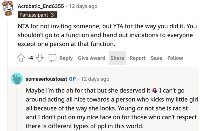 Some said OP could have handed out the invitations more discreetly, but OP says she won't play nice with someone who has bullied her daughter simply for being Korean.