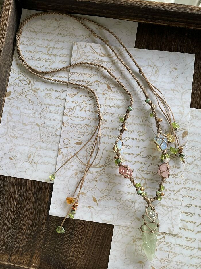 "I Made A Forest Necklace Using Crystals And Woven Cord"