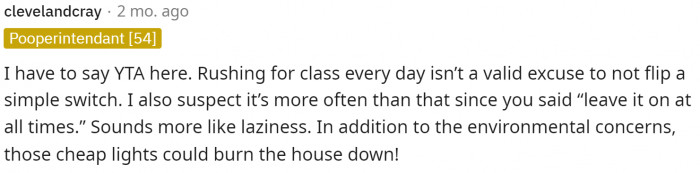 The first comment already states that OP is TA in this story and basically calls her lazy for not turning them off.