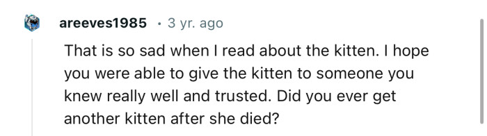 “I hope you were able to give the kitten to someone you knew really well and trusted.”