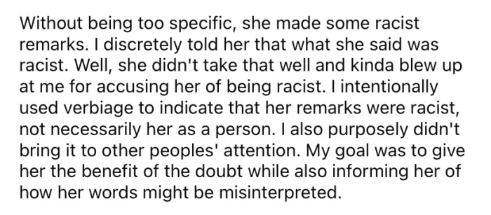 At his friend's wedding, the OP met and spoke to the bride's mother, who happened to make some racist comments.