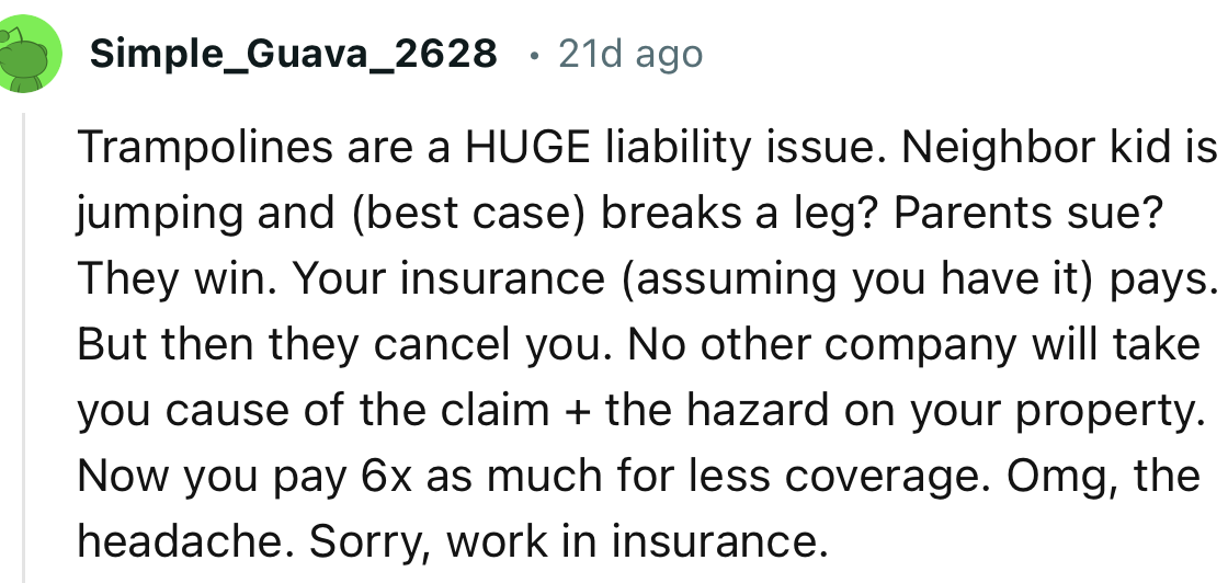 “Trampolines are a HUGE liability issue. Neighbor kid is jumping and (best case) breaks a leg? Parents sue? They win.”