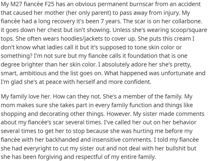 OP's fiancée bears a permanent burn scar on her collarbone as a result of a tragic accident that claimed her mother's life.