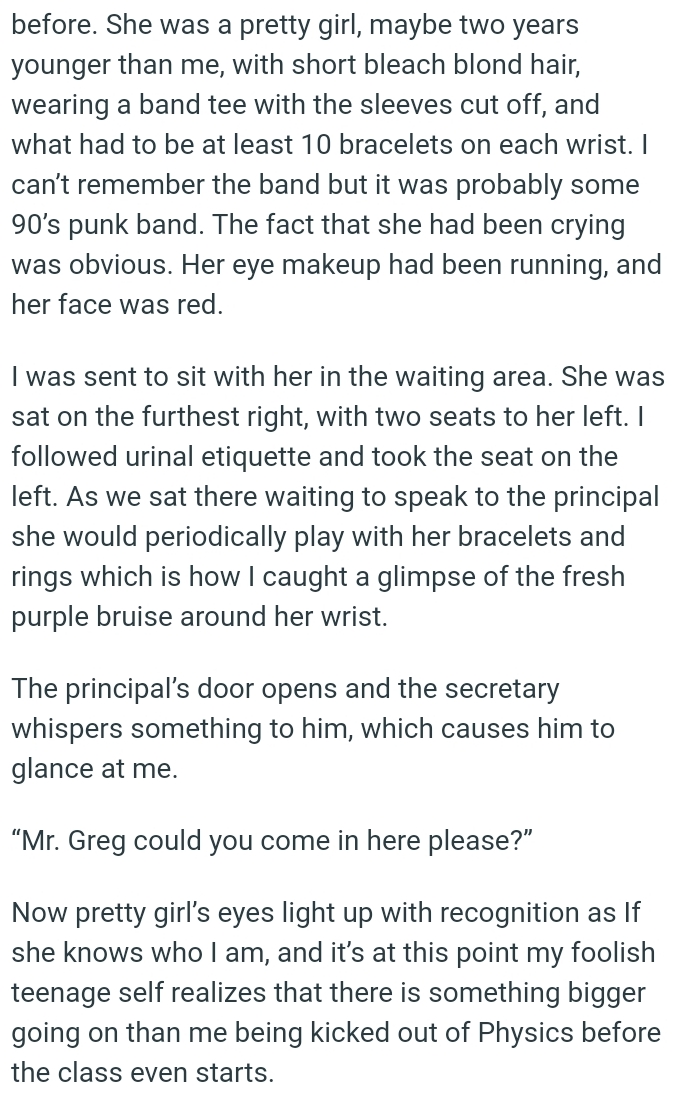 The OP was sent to sit with a pretty girl in the waiting area, and she sat on the furthest right, with two seats to her left