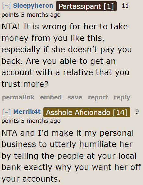 A Redditor proposes speaking negatively about her mom to the bank staff in order to embarrass her.