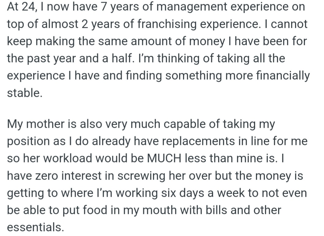 24-Year-Old OP Has 9 Years of Management and Franchising Experience, but Her Salary Is Stagnated. She's Seeking a New Opportunity That Pays a Sustainable Wage, as Working Six Days a Week Is No Longer Enough to Cover Her Basic Needs.