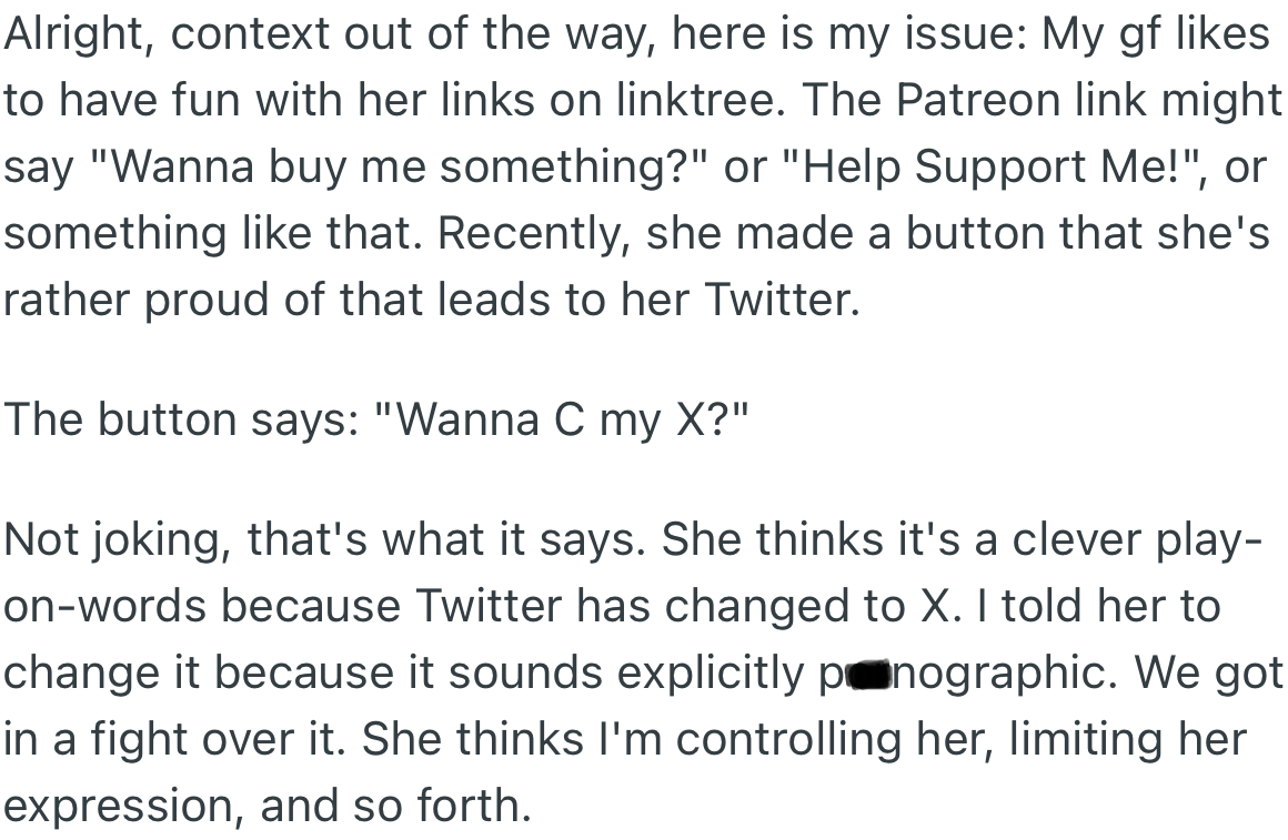 OP asked his girlfriend to make changes to her profile, as some words sounded explicitly pornographic. She refused, and they got into a big fight