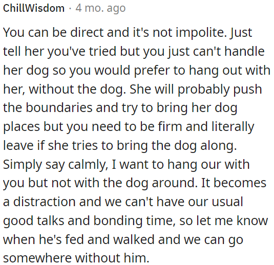 OP can politely let her know that she prefers to spend time with her without her dog.