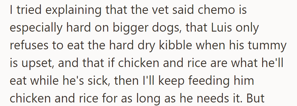 She explained that the vet said chemo is tough on big dogs, so Luis needs chicken and rice while he is sick.