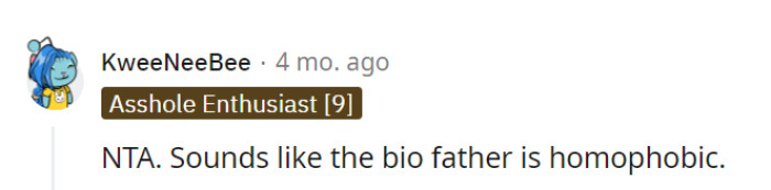 In this situation, it appears that the bio father's objections may be rooted in homophobia. OP isn't to blame for his biases.