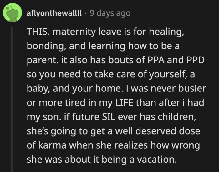 The future SIL might just receive a wake-up call when she finds herself in OP's position regarding maternity leave