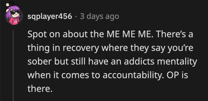 OP is pushing all of the blame to her ex-husband. She is also comparing their mistakes and thinks what he did is a bigger transgression.