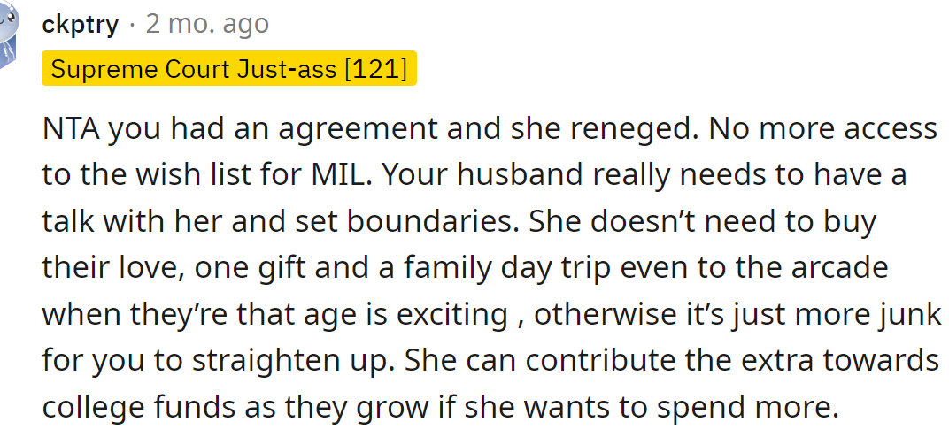 She could contribute to their college savings