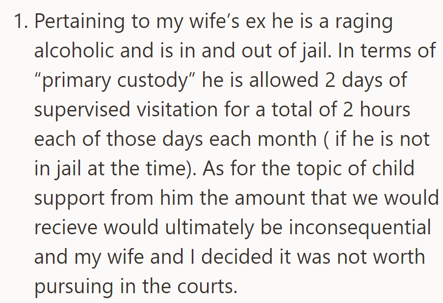 Wife's ex is an alcoholic with minimal visitation rights, and child support isn't pursued due to its negligible impact.