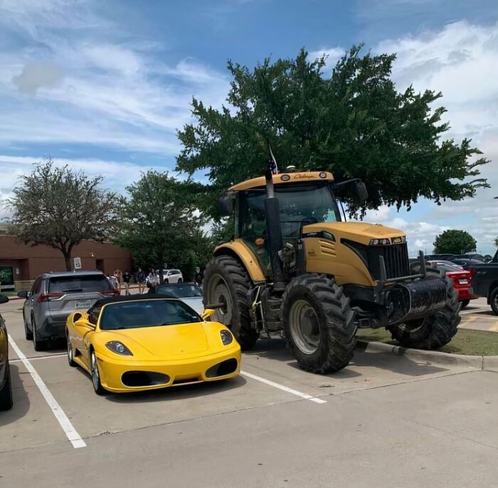 "Only In Texas: A Ferrari Parked Next To A Tractor At A Local High School (And Yes, Both Were Driven There By Students)"