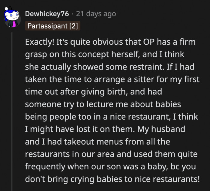 OP handled the situation with grace, all things considered. She just gave birth and had to endure being lectured by another woman about how babies are people too.