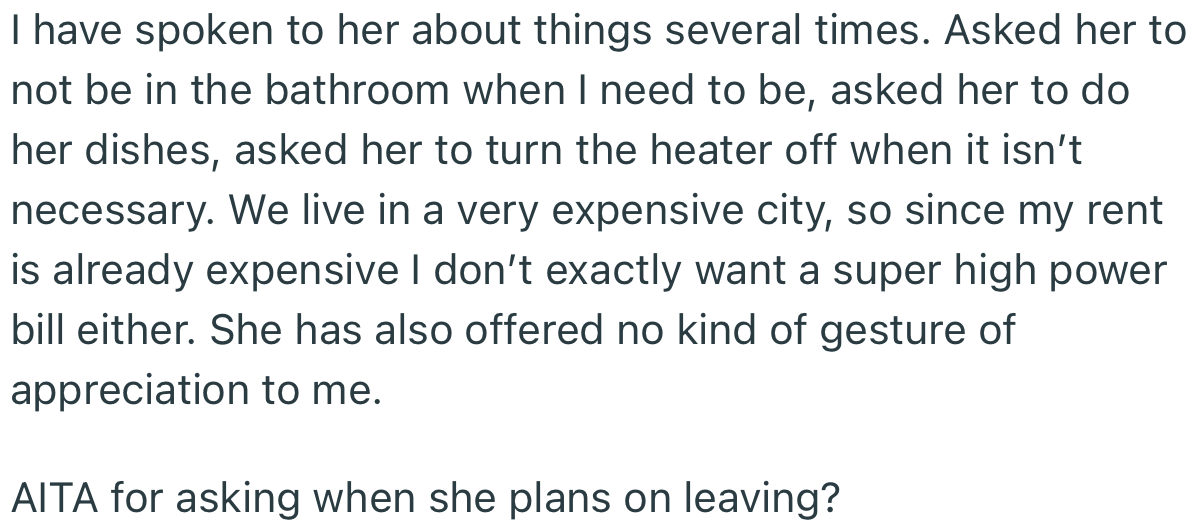 OP has complained severely and is now eager to know when her roommate's mom will be leaving