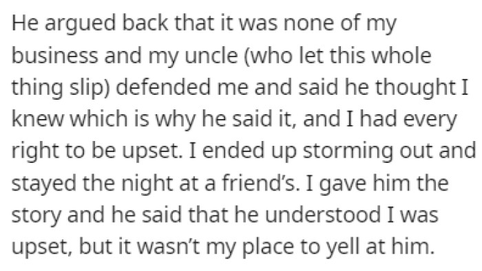OP's uncle stood on her side in the argument