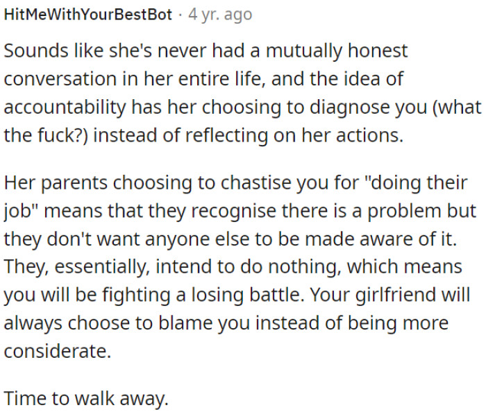 Her parents' response indicates they recognize the problem but won't take action.