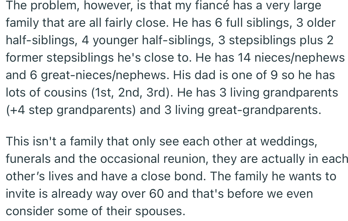 While OP wants a small wedding, her fiancé’s family is quite large, and he’ll definitely want all of them in attendance