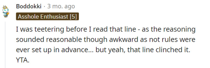 Like a tightrope walker caught off balance, the reasoning behind the decision initially seemed reasonable but stumbled with the ill-timed comment, landing squarely on the TA side of the scale.