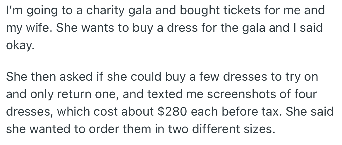 Attending a Charity Gala, OP’s Wife Decided to Buy a Dress for the Event. Later, She Requested to Buy More Dresses to Try Out and Return the Ones Not Needed.