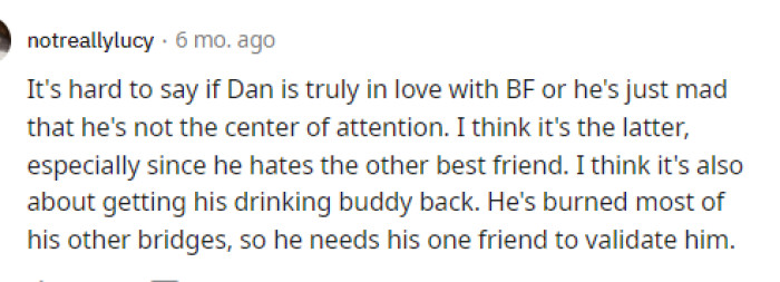 This seems to indicate that the best friend might be somewhat jealous of their relationship and perhaps has an ideal partner in general.