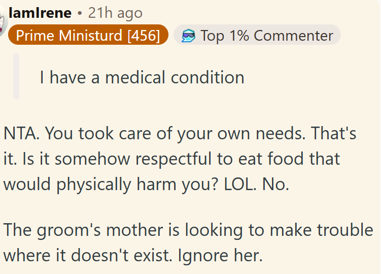 OP took care of her own needs.