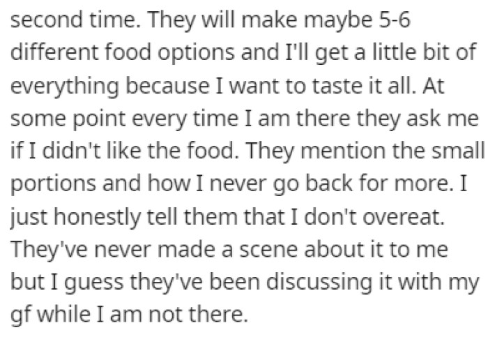 OP loves his girlfriend's parents' meals, but he always eats small portions