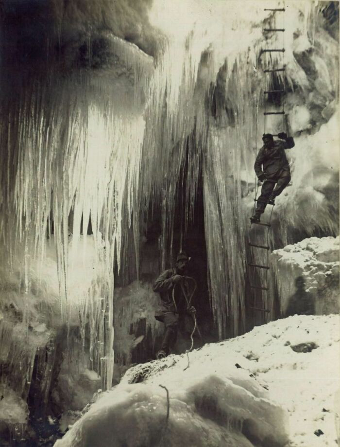 "An Austro-Hungarian Soldier Descent Into The City Of Ice Underneath The Marmolada Glacier, 1916. Stunning And Otherworldly Photo"