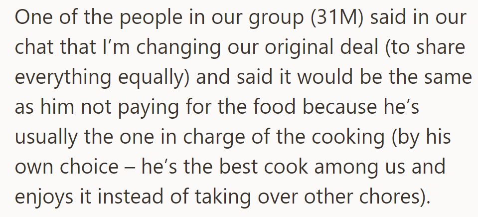 A group member objected, saying excluding OP from rental costs changes the equal-sharing agreement.