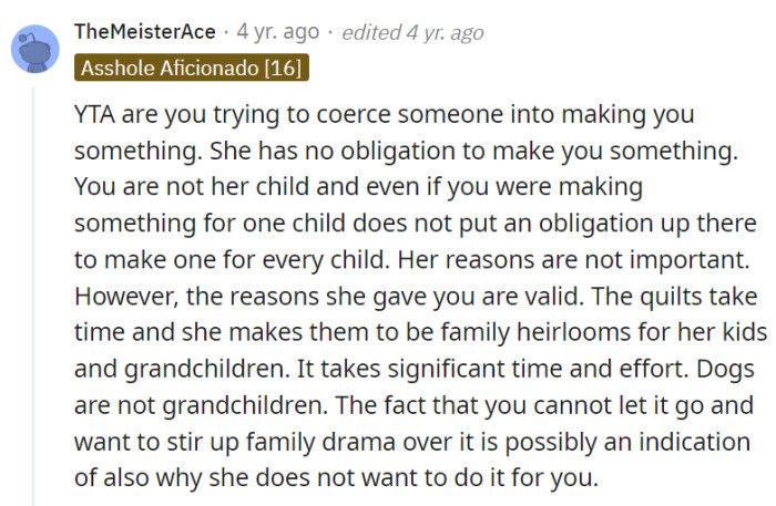 Her decision to create quilts for children and grandchildren is valid, and stirring up drama won't change that.
