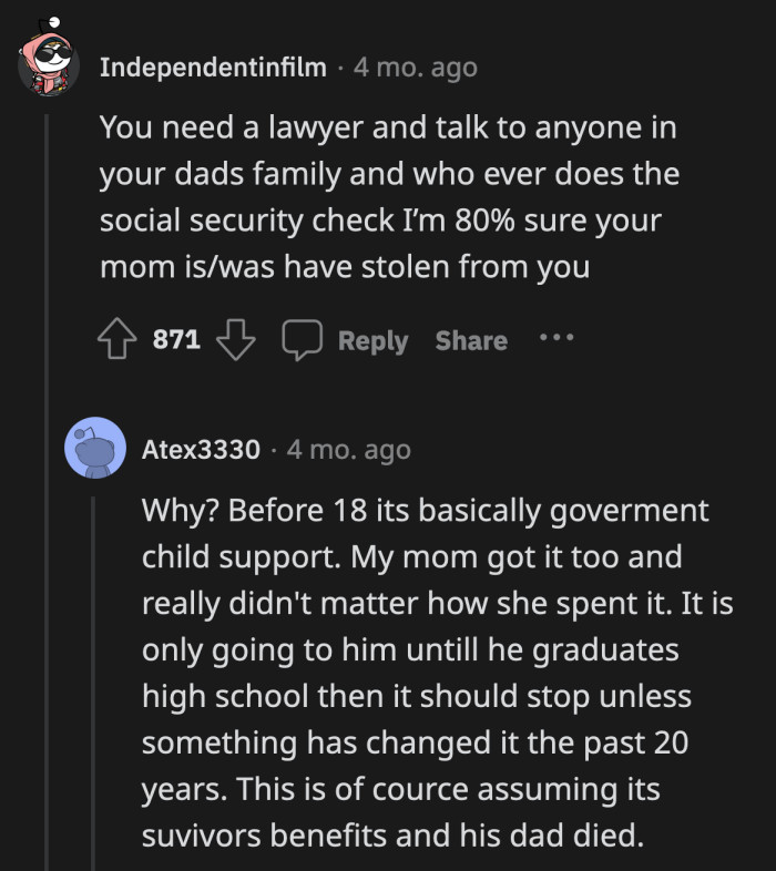 She will only have stolen from OP if she keeps the money he receives after he turns 18. The money they received when they were minors was presumably used to supplement the cost of raising them.