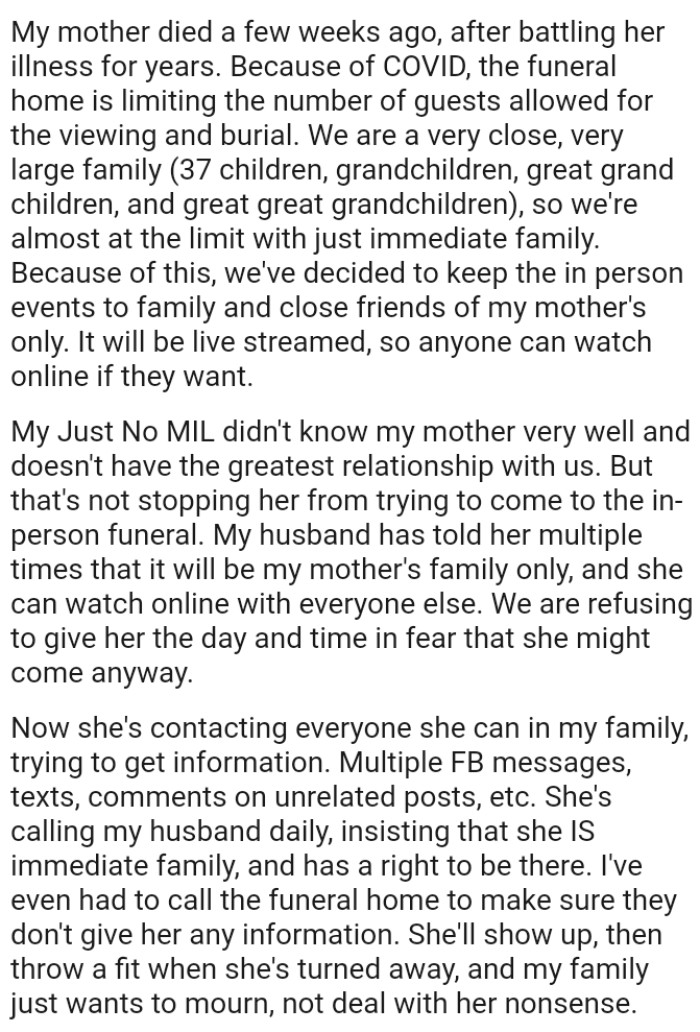 They've decided to keep the in-person events to family and close friends of OP's mother's only