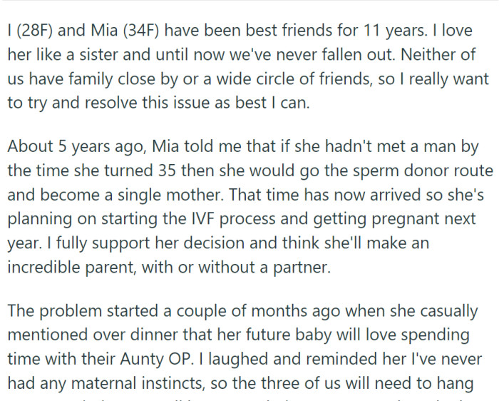 She has a best friend called Mia. She is pushing 30 and wants to have a baby.