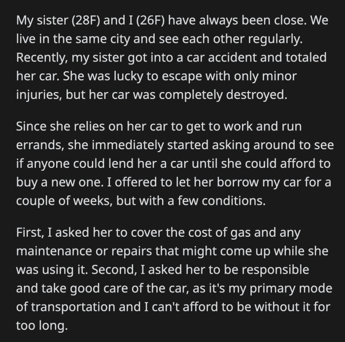 Her sister ran errands and allowed her friends to use OP's car without permission