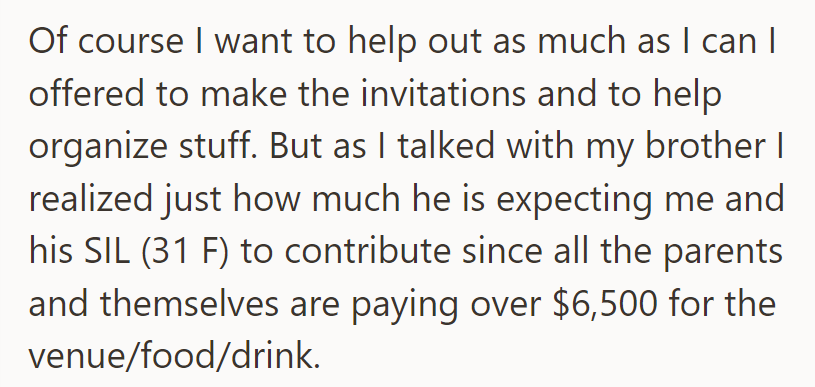 She offered to assist with invitations and organizing but realized her brother expects significant financial contributions.