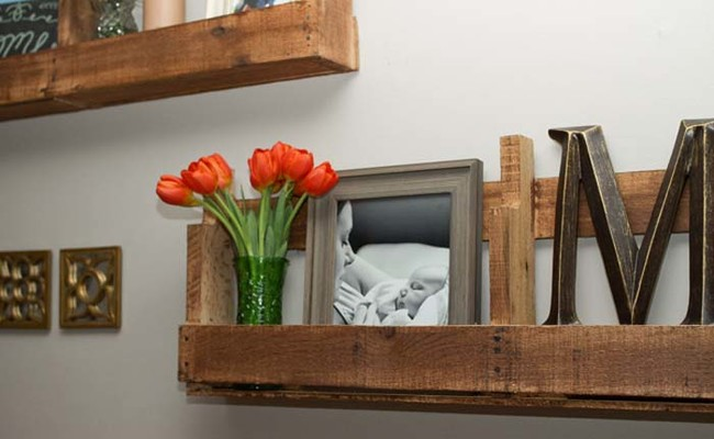 9. Transform reclaimed pallets into functional shelving units.