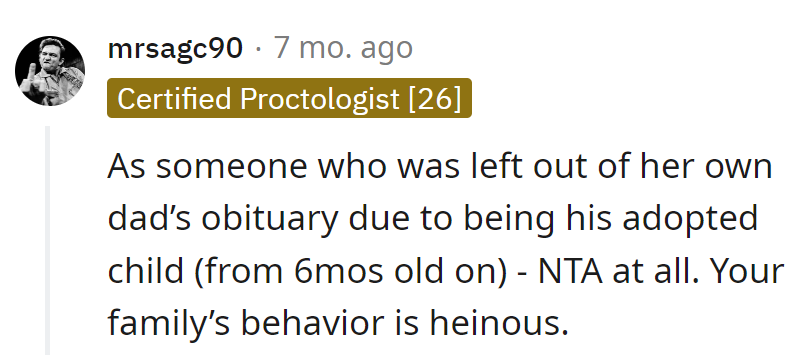 Her family missed the obituary memo: inclusive vibes lost in adoption papers. NTA, but they could use an empathy GPS.