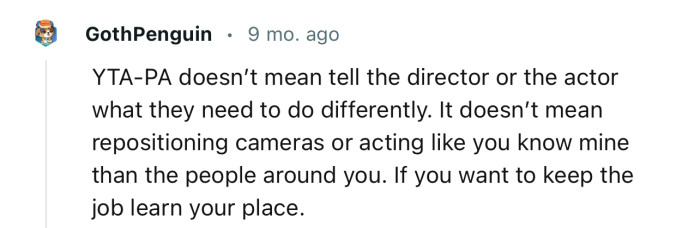 “YTA. PA doesn’t mean tell the director or the actor what they need to do differently.”
