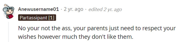 No, they're not in the wrong here; their parents just need to respect their wishes, even if they're not thrilled about it.