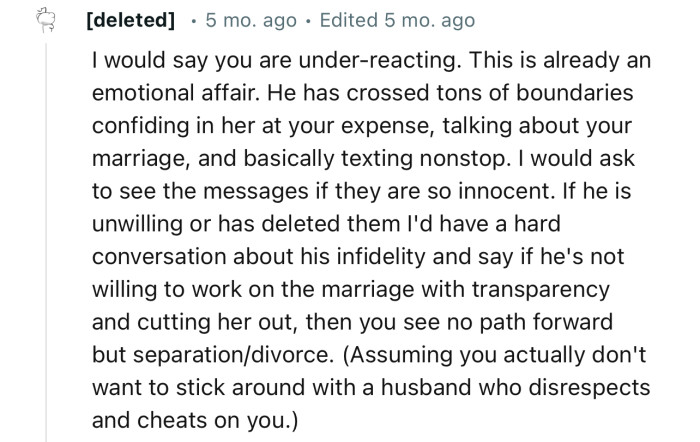 “This is already an emotional affair. He has crossed tons of boundaries.”