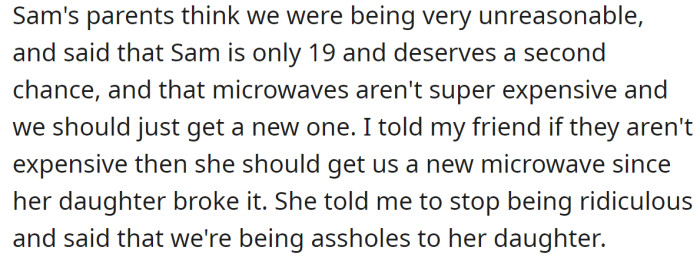 Sam's parents believed that the OP was overreacting: