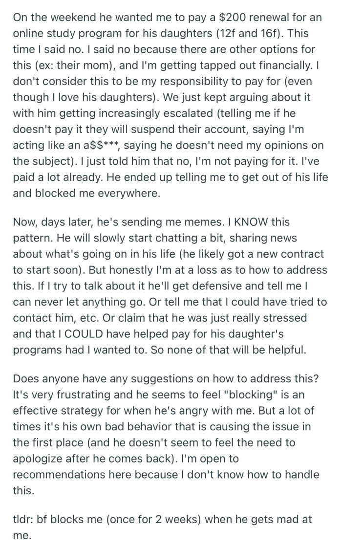 OP decided to step back from helping her boyfriend financially, which earned her another block. This time, she needs a permanent solution to their troubled relationship